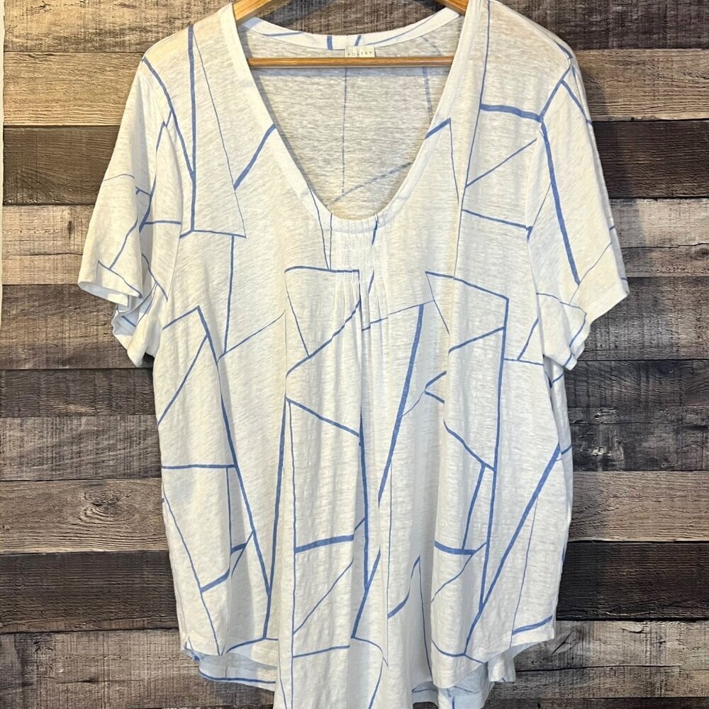 Poetry White & Blue Geometric Print Linen Top 18 Lagenlook Coastal‎ Quiet Luxury